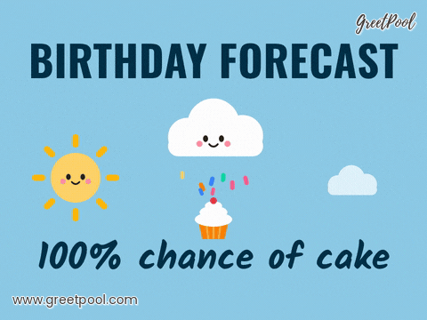 Birthday Forecast Chance Of Cake Birthday forecast with a smiling cloud raining sprinkles on a cupcake, 100 percent chance of cake