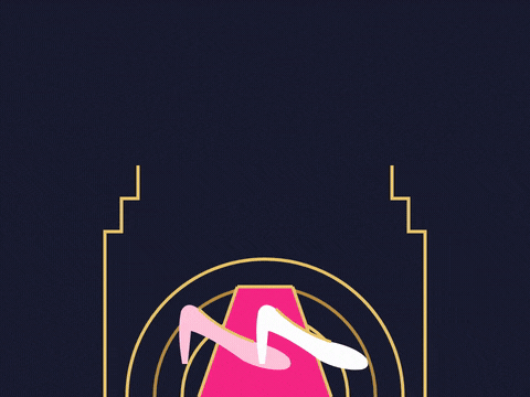 Birthday girl in gold art deco letters with strut your stuff as pink stilettos step on a runway