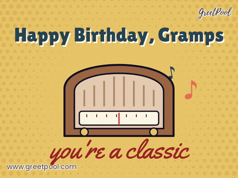 Birthday Gramps Retro Radio Happy birthday gramps retro wooden radio with a moving dial and floating notes, you're a classic