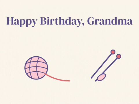 Happy birthday grandma line art yarn ball and knitting needles drawing a heart, you're purl-fect