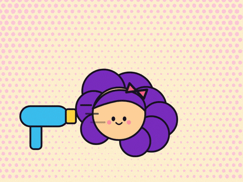 Birthday hair, don't care comic lettering as a hair dryer blows a smiling girl's big purple curls