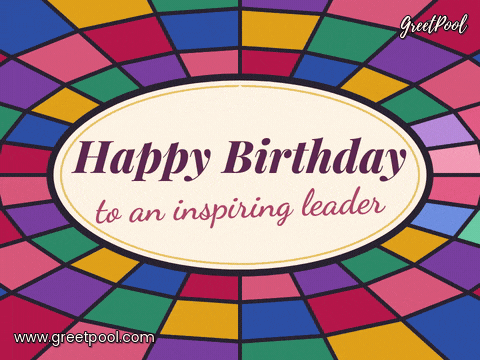 Happy birthday to an inspiring leader inside a jewel-toned stained glass window with light sweeping round