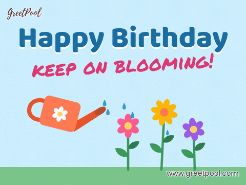 Birthday Keep Blooming Watering Can Happy birthday, keep on blooming, an orange watering can sprinkling three bright garden flowers