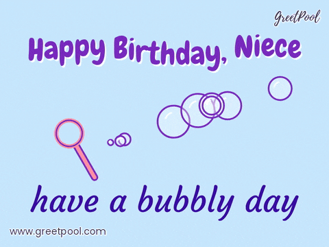 Birthday Niece Bubble Wand Happy birthday niece bubble wand blowing purple bubbles on light blue, have a bubbly day