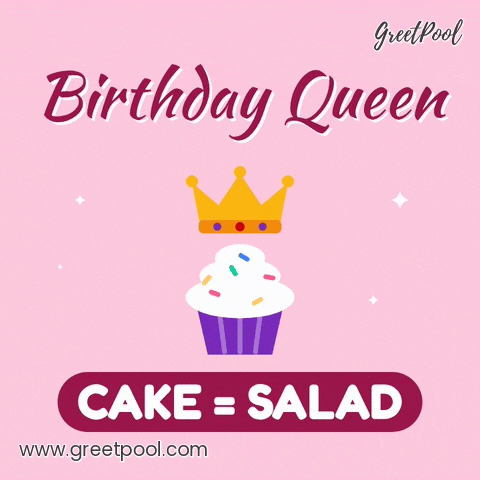 Birthday Queen cupcake with a floating gold crown and sprinkles on pink, cake equals salad joke for her