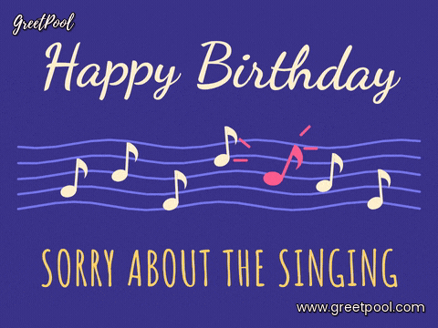 Happy Birthday wobbly music staff with off-key bouncing notes and one sour pink note, sorry about the singing