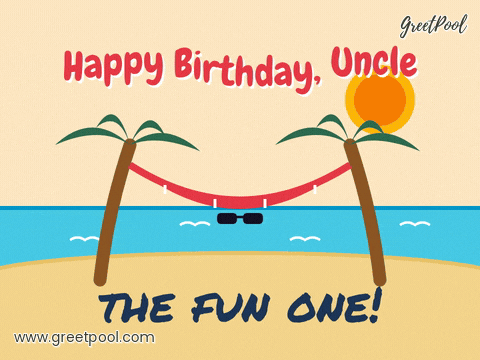 Happy birthday uncle paper cut hammock swinging between palm trees on the beach, the fun one
