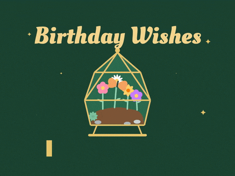 Birthday wishes in full bloom, a gold geometric glass terrarium of tiny flowers with a fluttering butterfly