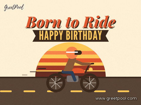 Happy birthday born to ride with a motorcycle rider cruising past a striped retro sunset on an open road