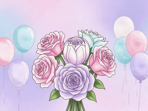 Bouquet Birthday For Her Watercolor bouquet blooming with pastel balloons, wishing you the happiest birthday gif for her