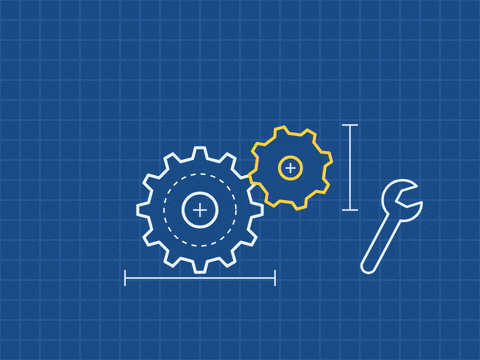 Built to last, happy birthday Mr Fix-It blueprint drawing with turning gears and a wrench on a blue grid