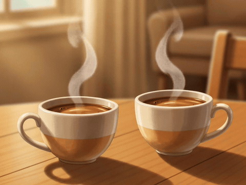 Two coffee cups clinking in warm morning light, cheers to you sister happy birthday gif