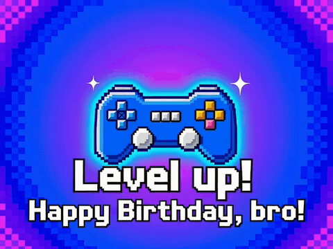 Glowing game controller with a trophy popping up, level up happy birthday bro gif