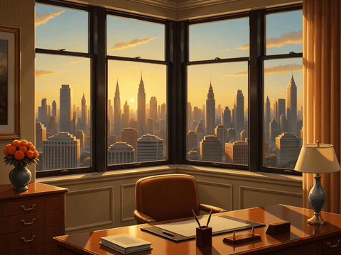 City skyline glowing through a corner office window, happy birthday gif for boss