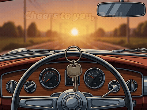 Car keys jingling on a classic dashboard at dusk, cheers to you dad happy birthday gif