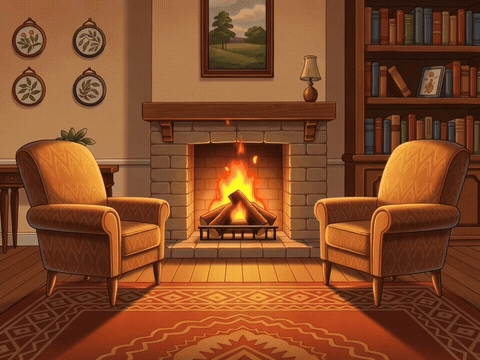 Two armchairs facing a crackling fireplace, happy birthday to my favorite person gif