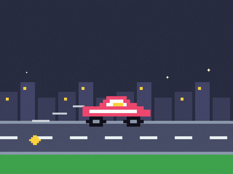 Full Speed Pixel Racer Birthday Happy birthday full speed in 8-bit pixel letters as a pink pixel race car speeds past a night city