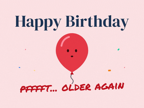 Happy Birthday red balloon with a face slowly deflating, pfffft older again funny getting older joke
