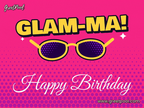 Glam-ma happy birthday pop art gold cat-eye sunglasses with a glint on a hot pink halftone background