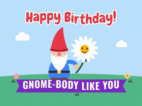 Happy birthday, gnome-body like you, a garden gnome sways a giant smiling daisy above a purple ribbon