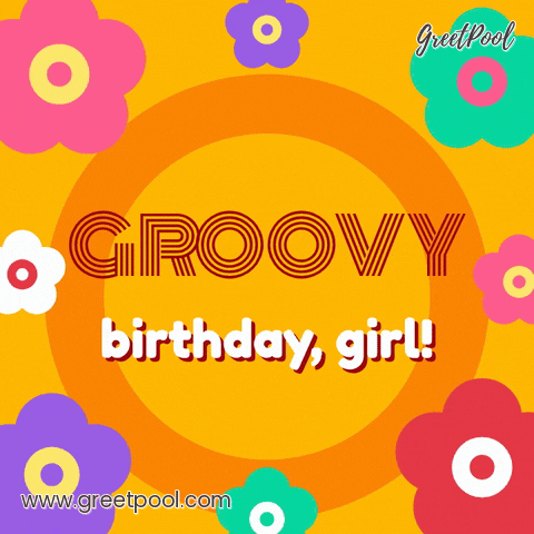 Groovy birthday, girl, spinning sixties flower power daisies in pink, green and purple on orange