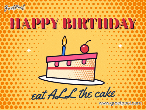 Happy birthday eat all the cake pop art cake slice with a cherry on an orange halftone dot background