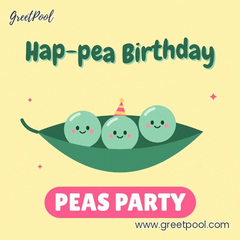 Hap Pea Birthday Peas Pod Pun Hap-pea Birthday pun with three smiling peas bouncing in a pod, the middle one in a party hat, peas party