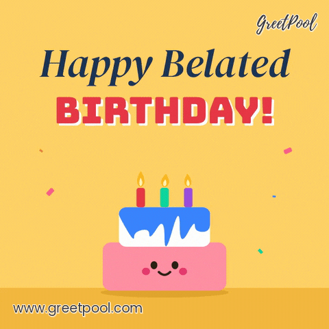 Happy Belated Birthday Hopping Cake Happy belated birthday smiling two tier cake with three candles hopping on a yellow background