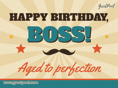Happy birthday, boss retro poster with a twitching handlebar moustache, stars and Aged to perfection script