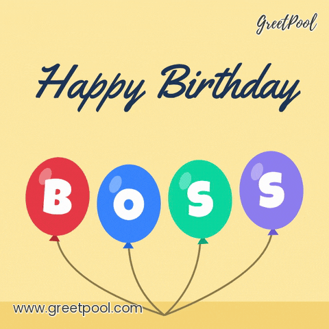Happy birthday script over four colourful balloons spelling BOSS bobbing on a yellow background
