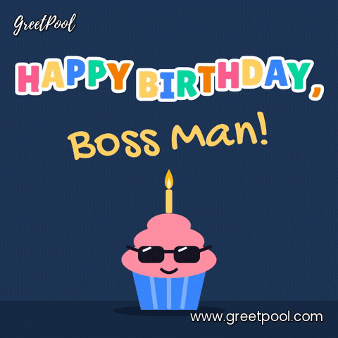 Happy birthday, boss man with a cool cupcake in sunglasses hopping under rainbow bouncing letters