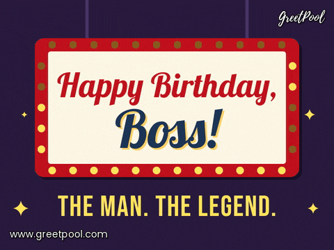 Happy Birthday Boss Marquee Legend Happy birthday, boss on a red theatre marquee with chasing light bulbs and The man. The legend.
