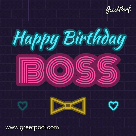 Happy birthday boss neon sign flickering on a dark brick wall with a glowing yellow bow tie and hearts