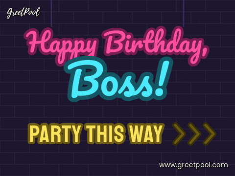 Happy birthday, boss pink and blue neon sign on a brick wall with Party this way and chasing yellow arrows