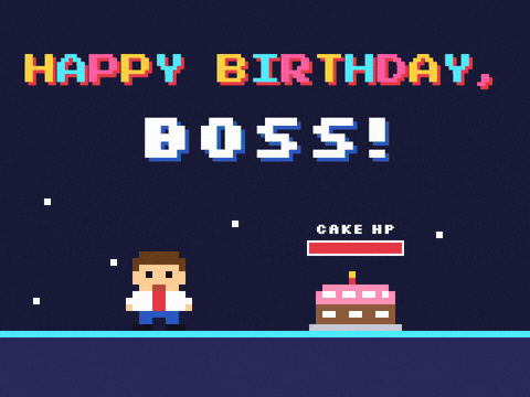 Happy Birthday Boss Pixel Cake Game Happy birthday, boss pixel art game with an 8-bit boss in a red tie eating a cake until plus one year pops up