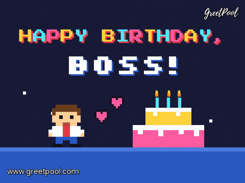 Happy birthday, boss pixel art with an 8-bit boss in a red tie hopping beside a cake with flickering candles