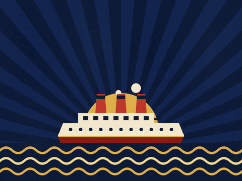 Happy Birthday Captain Art Deco Ship Happy birthday captain in gold art deco letters as an ocean liner with red funnels sails on gold waves