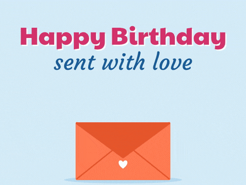 Happy birthday sent with love, an orange envelope opening and a bunch of flowers popping out