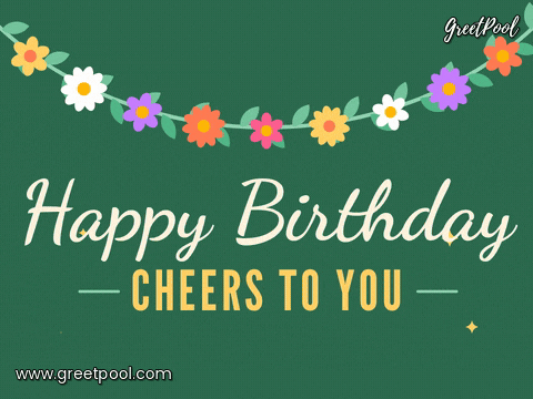 Happy birthday cheers to you in cream script under a swinging garland of flowers on deep green
