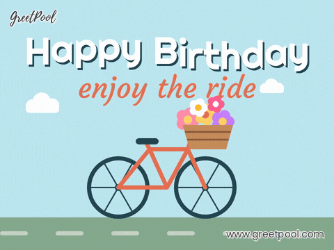 Happy Birthday Flower Basket Bicycle Happy birthday, enjoy the ride with an orange bicycle carrying a basket of colourful flowers past clouds
