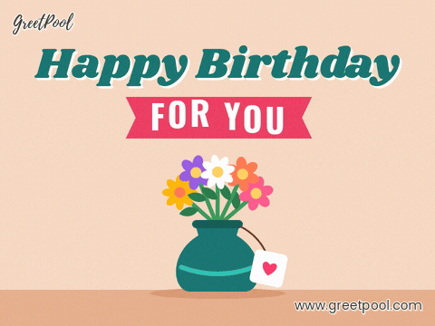 Happy birthday for you ribbon above a teal vase of flowers with a swinging heart gift tag