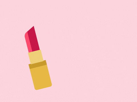 Happy Birthday Gorgeous Lipstick Kiss Happy birthday in red serif letters with a Gorgeous! sticker, a red lipstick and pink kiss marks on blush pink