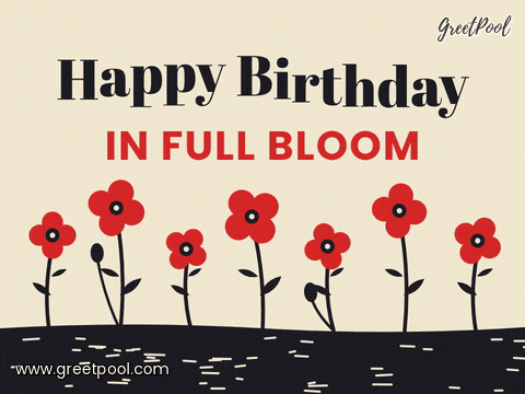Happy birthday in full bloom, a linocut row of red poppies swaying in the wind on a cream background