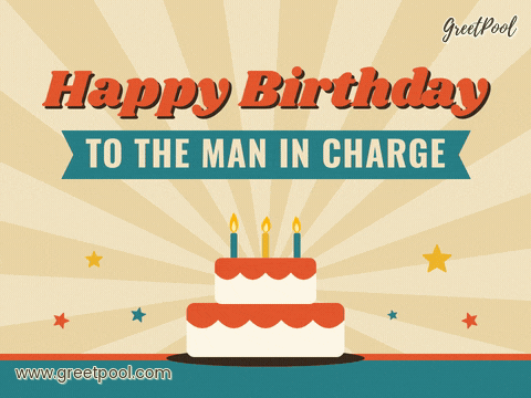 Happy birthday to the man in charge retro poster with a layer cake, candles and stars on a sunburst