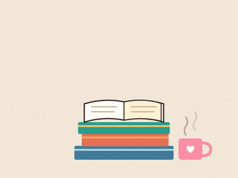 Happy Birthday New Chapter Books Happy birthday in scrapbook letter tiles, hello new chapter, above a stack of books, an open book and tea
