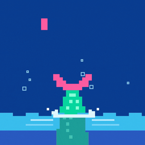 Happy Birthday Pixel Mermaid Tail Happy birthday mermaid typed in pixel letters as an 8-bit mermaid tail with pink fins splashes in the sea
