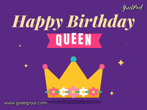 Happy Birthday Queen Flower Crown Happy birthday queen ribbon above a bouncing gold crown trimmed with flowers on royal purple