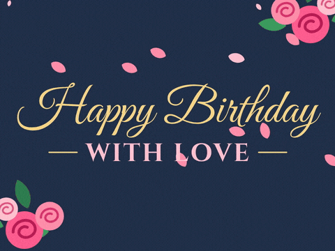 Happy Birthday Roses Falling Petals Happy birthday with love in gold script, pink roses and rose petals falling on a navy background