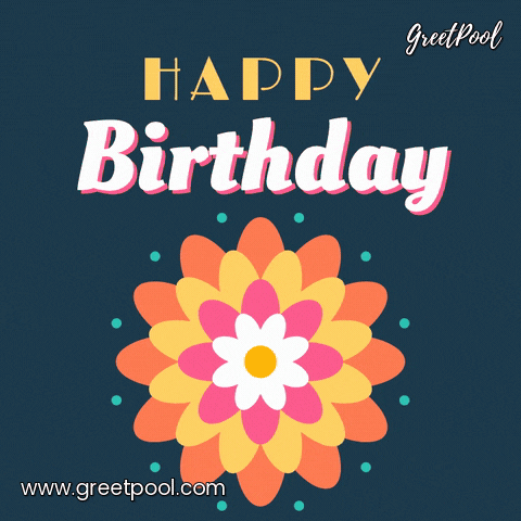Happy birthday lettering above a spinning flower mandala in coral, yellow and pink petals