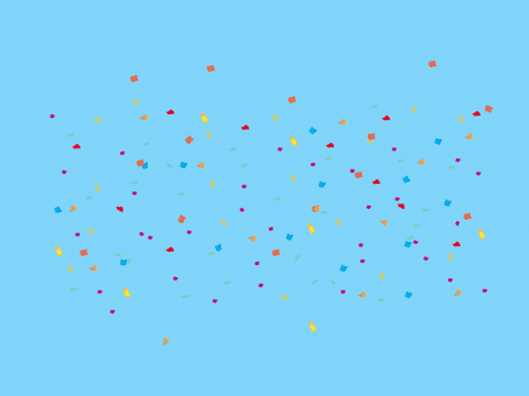 Animated happy birthday to you GIF with cute characters on blue confetti background